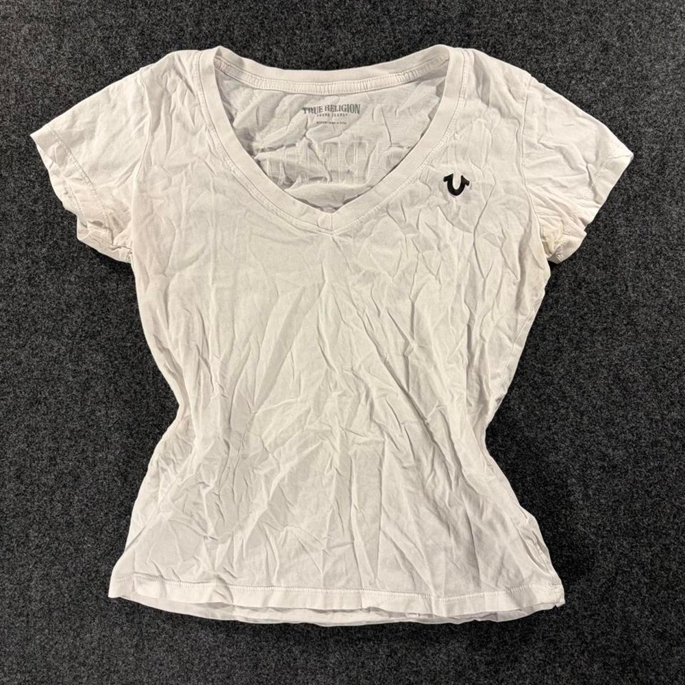 True Religion Womens White V Neck Short Sleeve T-Shirt Black Logo Size Medium